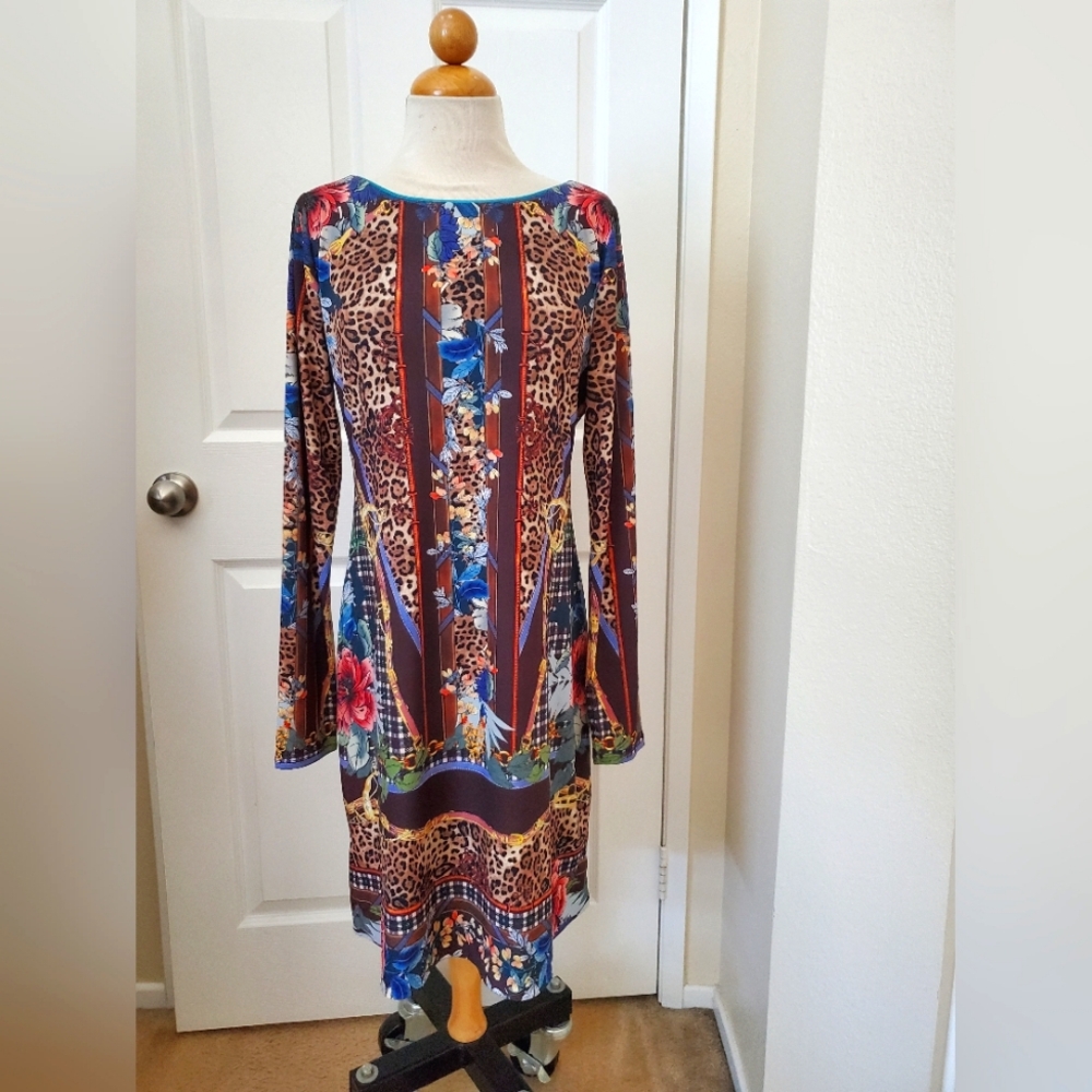 Hale Bob Floral and Animal Print Long Sleeve Dress Womens M